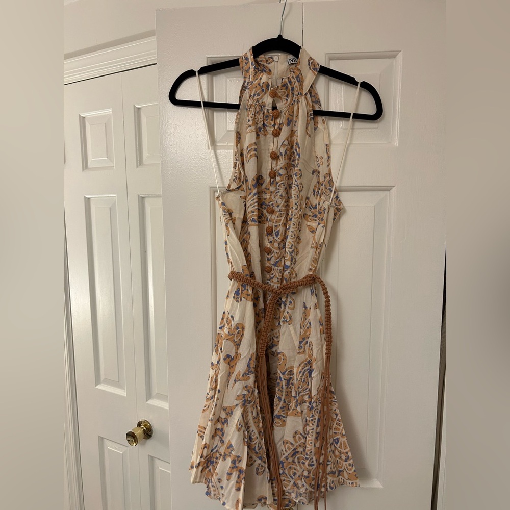 Zara Cream Paisley Halter Dress with Blue and Tan Print